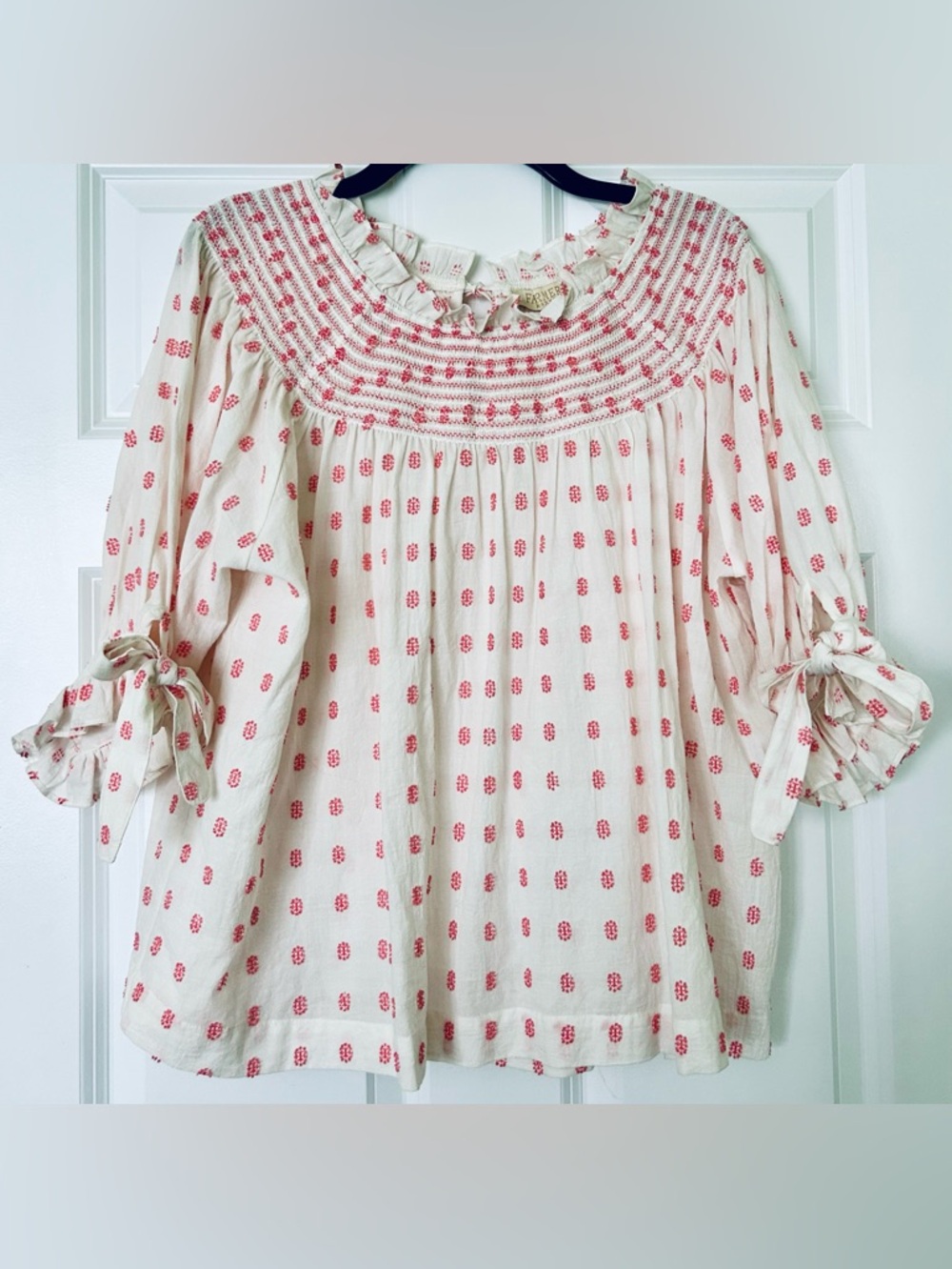 Farmers Market Cream Smocked Neck Peasant Top With Pink Accents